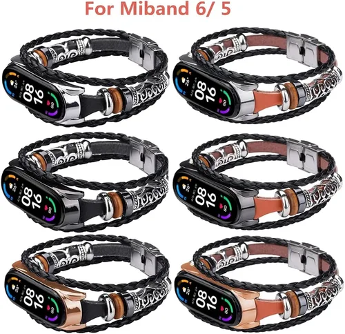 Vista 5 de Mi Band 6 - Correa de repuesto de cuerda trenzada retro con hebilla de metal, elemento de cuentas, pulsera ajustable para bricolaje, accesorios