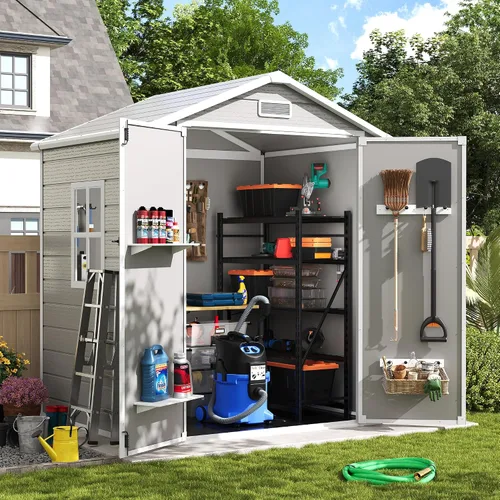 Vista 13 de Amopatio Cobertizo de almacenamiento para exteriores con piso, cobertizo de plástico con cerradura de 5 x 3 pies con ventilación, cobertizos