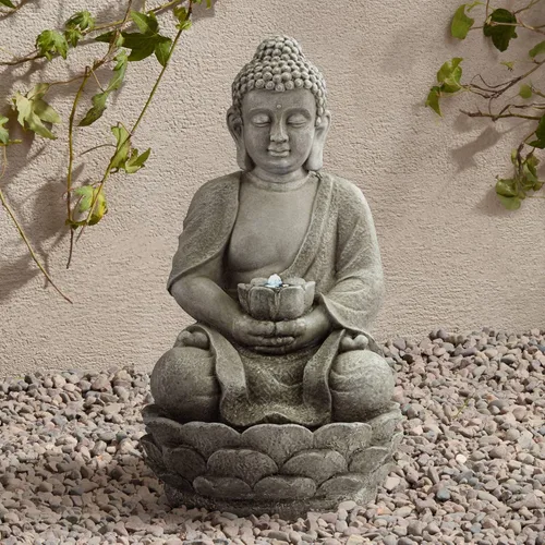 Vista 8 de Buda meditando de 24" de alto, fuente de piso de resina grande Zen Asiático para interiores y exteriores con luz LED, fuente de burbujas de agua