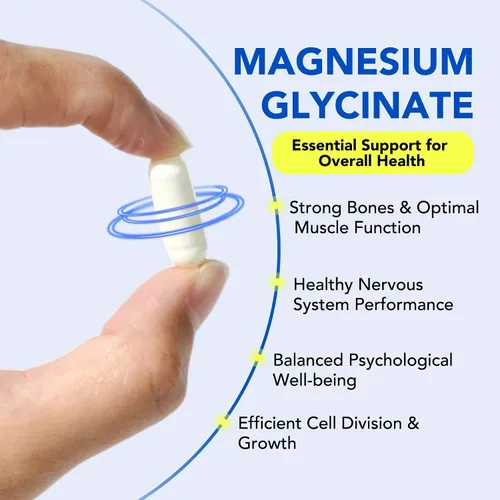 Vista 3 de Glicinato de magnesio puro, suplemento de magnesio, complejo de magnesio para mujeres y hombres, 120 cápsulas, ayuda al alivio del estrés, salud