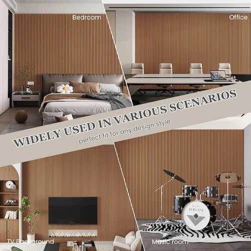 Vista 4 de Paquete de 4 paneles acústicos de pared de 105.9 x 12.6 x 0.8 pulgadas, absorbentes de sonido, paneles de pared de listones de madera para Teca