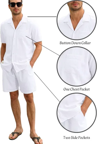 Vista 4 de TURETRENDY Conjunto de 2 piezas de algodón y lino para hombre, casual, manga larga, camisas y pantalones cortos, para verano, playa, yoga, trajes a