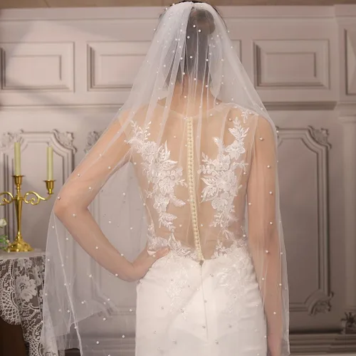 Vista 2 de Velos de novia con perlas y flores, catedral, velo de novia, 118 pulgadas, velos para novias, 1 nivel, longitud de los dedos, peine para el cabello