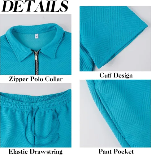 Vista 5 de Aulemen Conjunto deportivo de 2 piezas con cremallera para hombre, manga corta, camisa polo estampada y pantalones cortos, conjuntos de verano