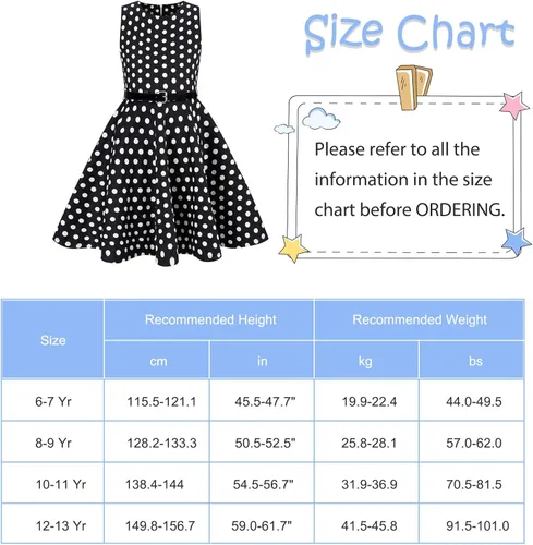Vista 6 de Funnycokid Vestidos de los años 50 para niñas, vestido retro vintage, sin mangas, traje de fiesta con cinturón para niños de 6 a 13 años