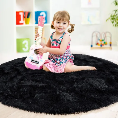 Vista 3 de junovo - Alfombra redonda y esponjosa para niños y niñas, de castillo de princesa, de felpa lanuda, para dormitorio, habitación de bebé, sala