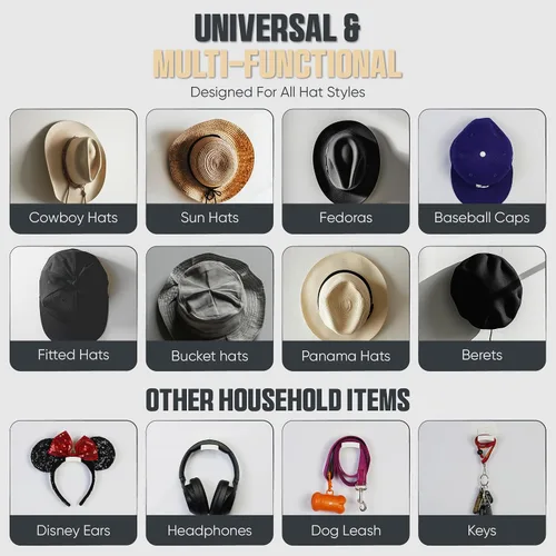 Vista 7 de Modern JP - Ganchos adhesivos para colgar sombreros en la pared (6 unidades) - Perchero para sombreros de vaquero, organizador para sombreros de ala