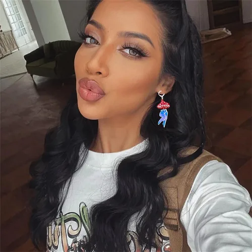 Vista 5 de Dreuyet Aretes de pierna de hongo exagerados divertidos para mujer, aretes retro de los años 80, aretes de personalidad bailarina, hermosas piernas