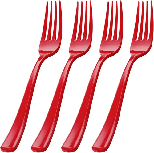 Vista 13 de WDF 100 tenedores de plástico dorado – Tenedores resistentes y duraderos desechables de 7.4 pulgadas – Elegantes tenedores dorados para postre