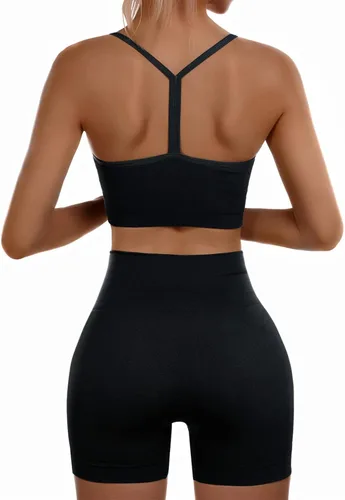 Vista 2 de Sportneer Workout Sets for Women 2 Piece Ribbed Seamless Y-back Longline Sports Bra High Waist Shorts Matching Gym Yoga