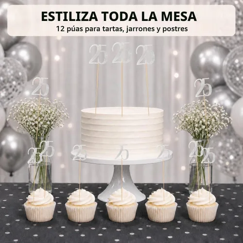 Vista 5 de Palitos de centro de mesa de cumpleaños 25 con purpurina plateada, paquete de 12 decoraciones de fiesta de aniversario número 25