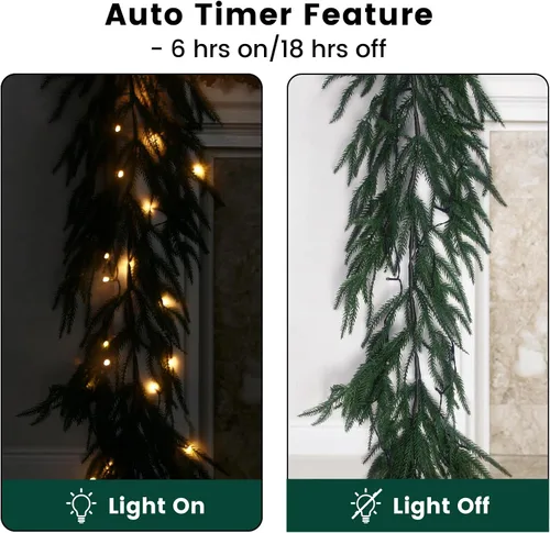 Vista 4 de Guirnalda de Navidad de 6 pies preiluminada de pino Norfolk con luces LED – Guirnalda iluminada operada a batería para repisa, escaleras
