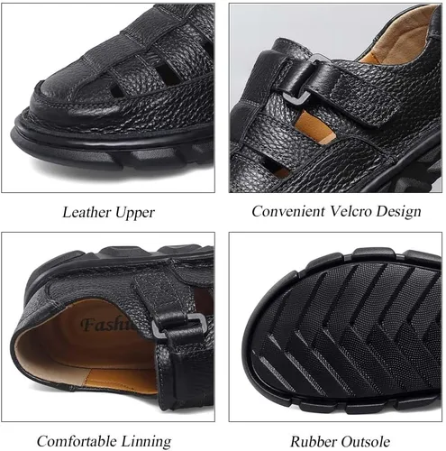 Vista 2 de GEXECEUSS Sandalias para hombre con punta cerrada, sandalias deportivas de cuero, sandalias de pescador, sandalias casuales para caminar al aire