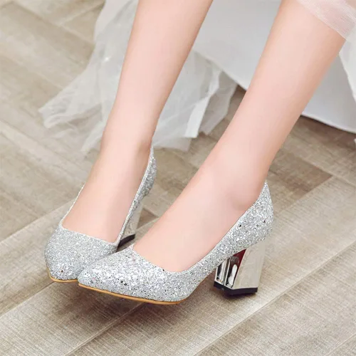 Vista 2 de Zapatos de vestir clásicos de fiesta con tacón grueso con purpurina brillante para mujer, cómodos, tacón de bloque medio, sin cordones