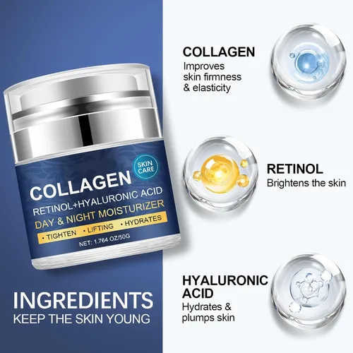 Vista 2 de Hidratante facial de colágeno, crema de colágeno para tensar la piel con retinol y ácido hialurónico antienvejecimiento hidratante de día y noche
