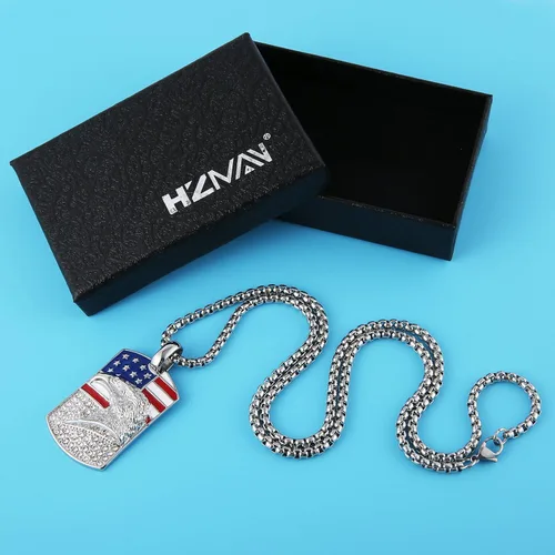 Vista 5 de HZMAN Collar patriótico de águila estadounidense de acero inoxidable para hombres y mujeres, con circonita cúbica, bandera americana, colgante