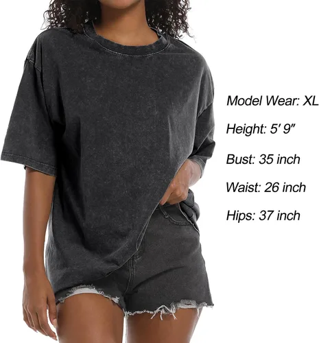 Vista 2 de Camisetas de gran tamaño para mujer, estilo vintage, lavado ácido, básicas, holgadas, holgadas, camisetas de algodón para entrenamiento