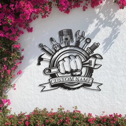 Vista 4 de Letrero de metal personalizado para garaje, arte de pared de taller personalizado, decoración mecánica para hombres, día del padre para los amantes