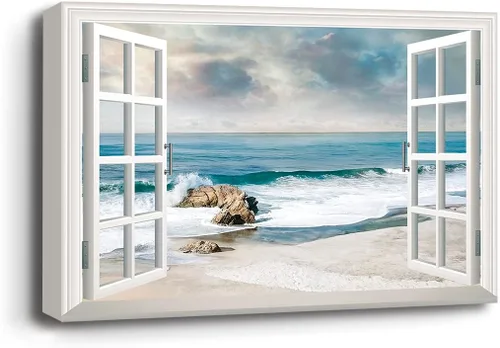 Vista 2 de Renditions Gallery Impresiones de pared de naturaleza para decoración de ventana para el hogar Inundado en la playa de arena, lienzo colgante