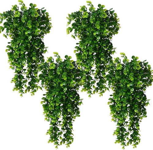 Vista 9 de Toprooms Plantas falsas colgantes, 4 piezas de hojas de eucalipto sintéticas, plantas de vid verdes, plantas de hiedra falsa, decoración
