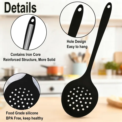Vista 3 de Cucharas de cocina ranuradas de silicona, cucharón de cocina, cuchara coladora, cuchara espumadora, cucharón de sopa, cucharas ranuradas