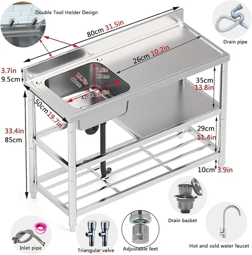 Vista 8 de NYCDA Fregadero comercial independiente, fregadero de acero inoxidable para exteriores, juego de fregadero de cocina de un solo tazón