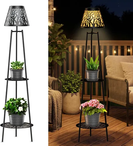 Vista 15 de MXwcy Lámpara de pie solar con soportes para plantas, luces solares para exteriores con bombillas LED Edison vintage, luces de jardín resistentes a