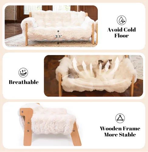 Vista 4 de Cama de Sofá Elevada para Gatos de Interior, Sofá de Madera para Gatos con Funda Esponjosa Lavable Extraíble, Silla de Descanso para Gatitos Sofá