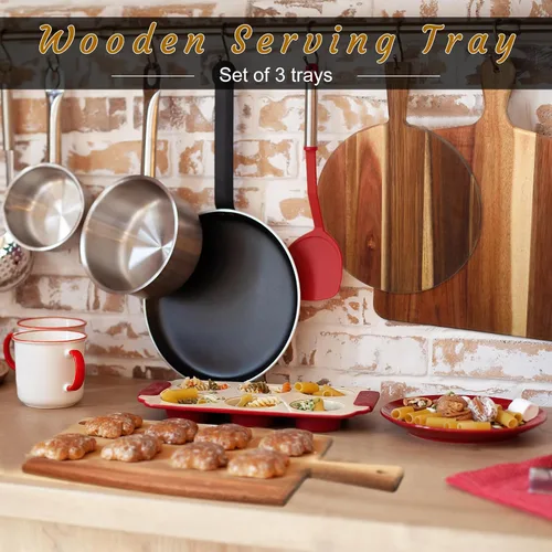 Vista 4 de Zhehao Juego de 3 tablas de cortar de madera de acacia con mango para charcutería queso, tabla de servir tabla de cortar pan de carne, tabla