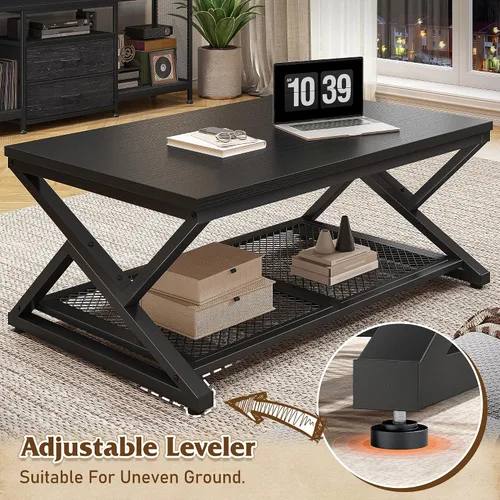 Vista 6 de EnHomee Mesa de Café con Almacenamiento, Mesas de Café Modernas para Sala de Estar con Estante de Malla, Mesa de Centro Rectangular de 2 Niveles