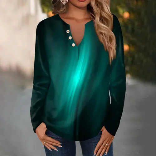Vista 4 de Womens Shirts Long Sleeve Printed Clothes Notch Collar Botton Pullover Tunic Sports Sweatshirts Stylish Soft Shirts