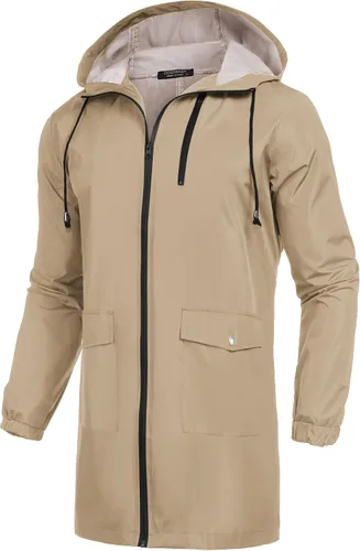 Vista 33 de COOFANDY Chubasquero largo para hombre, chaqueta impermeable para exteriores, con capucha