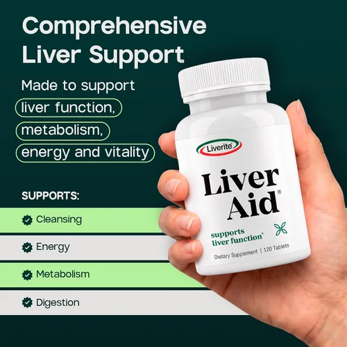 Vista 2 de Liverite Liver Aid 120 tabletas, soporte hepático, limpieza hepática, cuidado hepático, función hepática, energía.