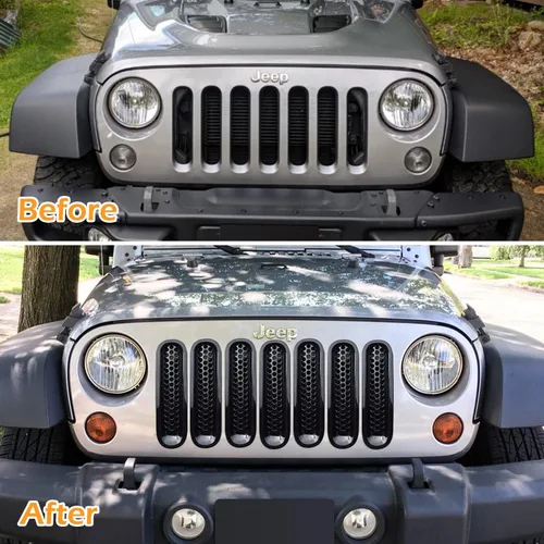 Vista 4 de 7 piezas de insertos de malla para parrilla frontal para Jeep Wrangler JK JKU Unlimited 2007 2008 2009 2010 2011 2012 2013 2014 2015 2016 2017 2018