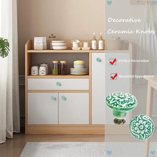 Vista 6 de 12 pomos de cerámica verde para gabinete, pomos decorativos florales para cajones, tiradores de muebles hechos a mano, 1.34 pulgadas de diámetro