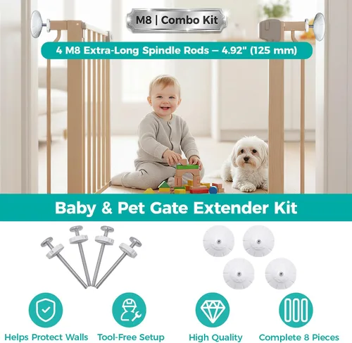 Vista 6 de Kit extensor de puerta para bebé, 4 varillas de husillo M8 x 4.92 pulgadas, 4 tazas, color blanco