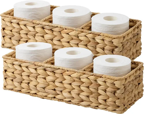 Vista 14 de StorageWorks Cestas de papel higiénico para estantes, cestas de mimbre de 3 secciones, cesta de inodoro para tapa de depósito, encimera, despensa
