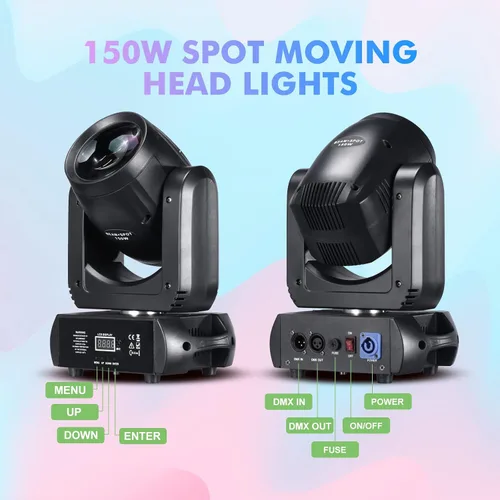 Vista 3 de Luz de cabeza móvil de 150 W, luces de escenario, 8 gobos, 8 colores, 12 canales, focos de haz de 18 caras, prisma DMX 512 con activación por sonido