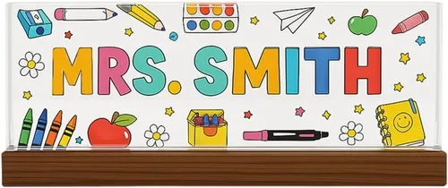 Vista 15 de Placa de nombre personalizada para escritorio para profesores, placa de nombre de acrílico personalizada para maestros con base de madera, letrero
