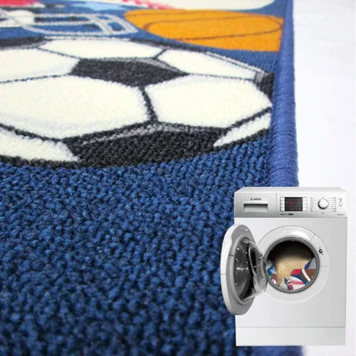 Vista 4 de HUAHOO Alfombra deportiva azul para niños, alfombra deportiva de nailon para niños y niñas, alfombra estampada con pelota de fútbol, baloncesto