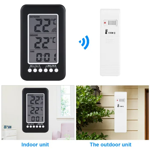 Vista 2 de Termómetro para interiores y exteriores LCD termómetro con reloj inalámbrico temperatura ambiente termómetro termómetro digital Ther termómetro