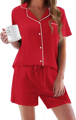 Vista 9 de Ekouaer - Conjunto de pijamas de manga corta para mujer, con botones, suave, 2 piezas, conjuntos de descanso, tallas XS-XXXL Verde Aqua