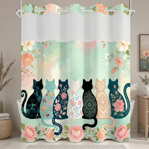 Vista 33 de No Hook Geometric Shower Curtain with Snap in Liner - 71″W x 74″L Waterproof Fabric with Mesh Top Window, Modern Abstract Triangle Design Bath