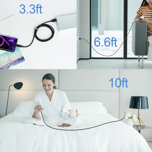 Vista 7 de Cable USB tipo C, paquete de 3 (10 pies+6.6 pies + 3.3 pies) USB A a USB-C 3.1A cable de carga rápida para iPhone 17 16 15 Pro Max Galaxy S25 FE S25