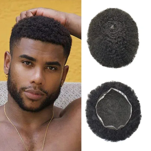 Vista 18 de Afro Toupee Hair Piece para hombres negros Encaje suizo completo Afro Hombres Toupee cabello humano rizado hombres onda unidades de cabello