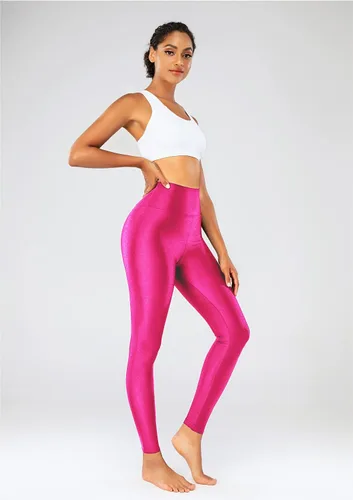 Vista 4 de Sghenr Pantalones de yoga de cintura alta para mujer, con control de abdomen, mallas deportivas brillantes para entrenamiento