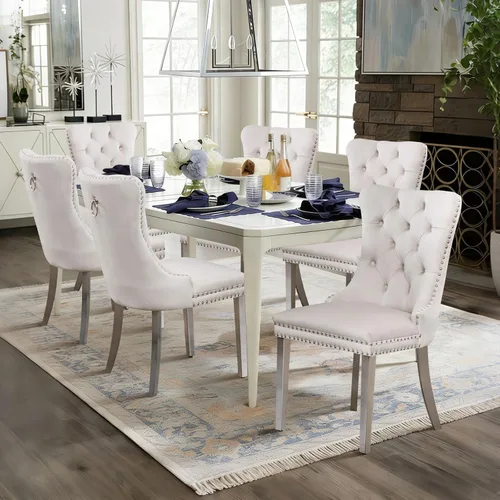 Vista 27 de Juego de 2 sillas de comedor de terciopelo con patas de madera, color beige Mid Century Modern Dining Chairs,Upholstered Chairs with Nailhead