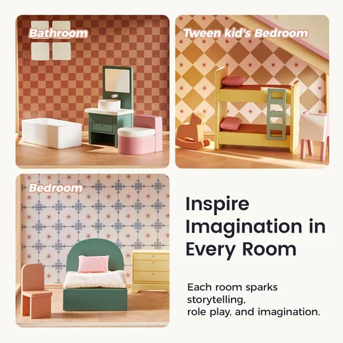 Vista 4 de Tiny Land Casa de muñecas de madera para niñas, casa de muñecas de madera de 6 habitaciones, casa de muñecas de bricolaje con 31 accesorios de Rosa