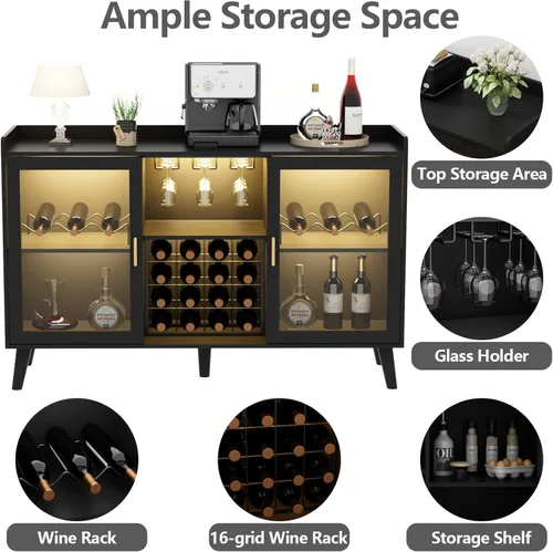 Vista 3 de Auromie Armario de bar de vinos con luz LED, gabinete de café para el hogar con estante para vino y vidrio, aparador de cocina con estantes de Negro