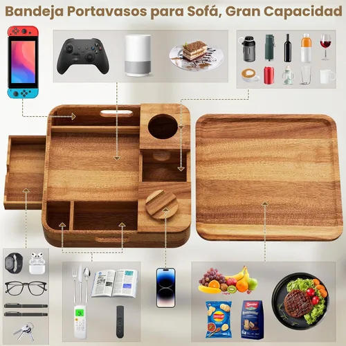 Vista 4 de Soporte para tazas de sofá, bandejas de madera de acacia de 2 niveles